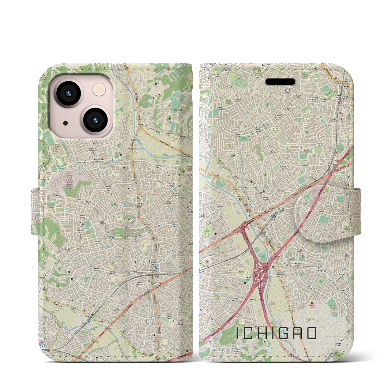 【市が尾(神奈川県)】地図柄iPhoneケース(手帳タイプ)ナチュラル・iPhone 13 mini 用