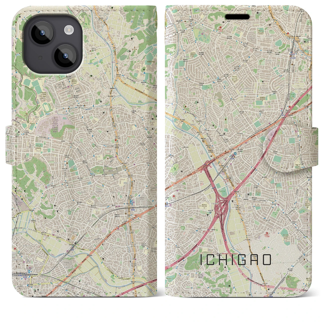 【市が尾(神奈川県)】地図柄iPhoneケース(手帳タイプ)ナチュラル・iPhone 14 Plus 用
