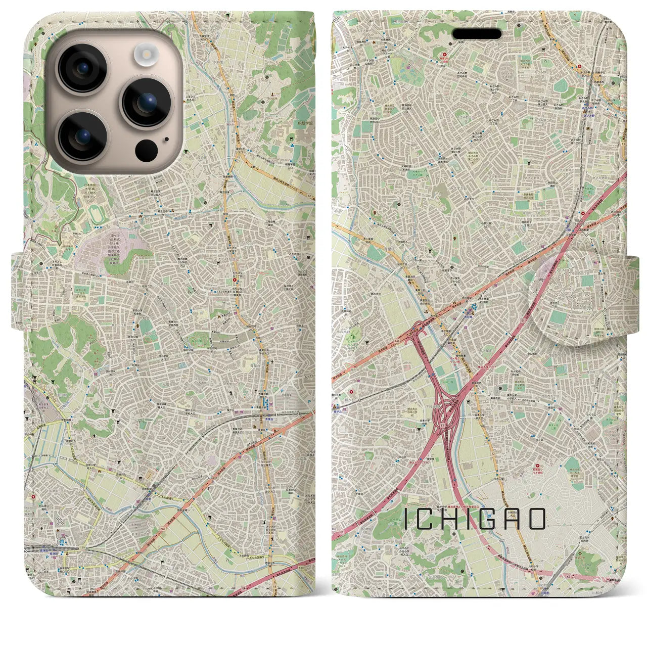 【市が尾(神奈川県)】地図柄iPhoneケース(手帳タイプ)ナチュラル・iPhone 16 Plus 用
