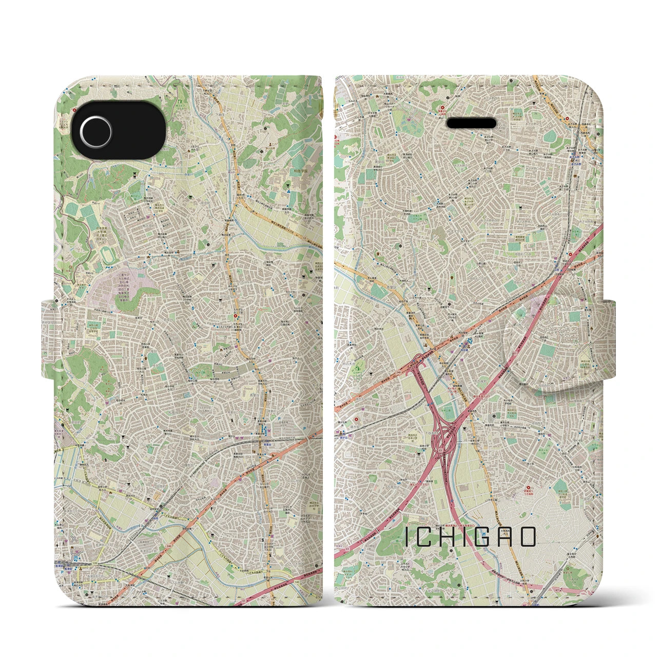 【市が尾(神奈川県)】地図柄iPhoneケース(手帳タイプ)ナチュラル・iPhone SE(第3 / 第2世代) / 8 / 7 / 6s / 6 用