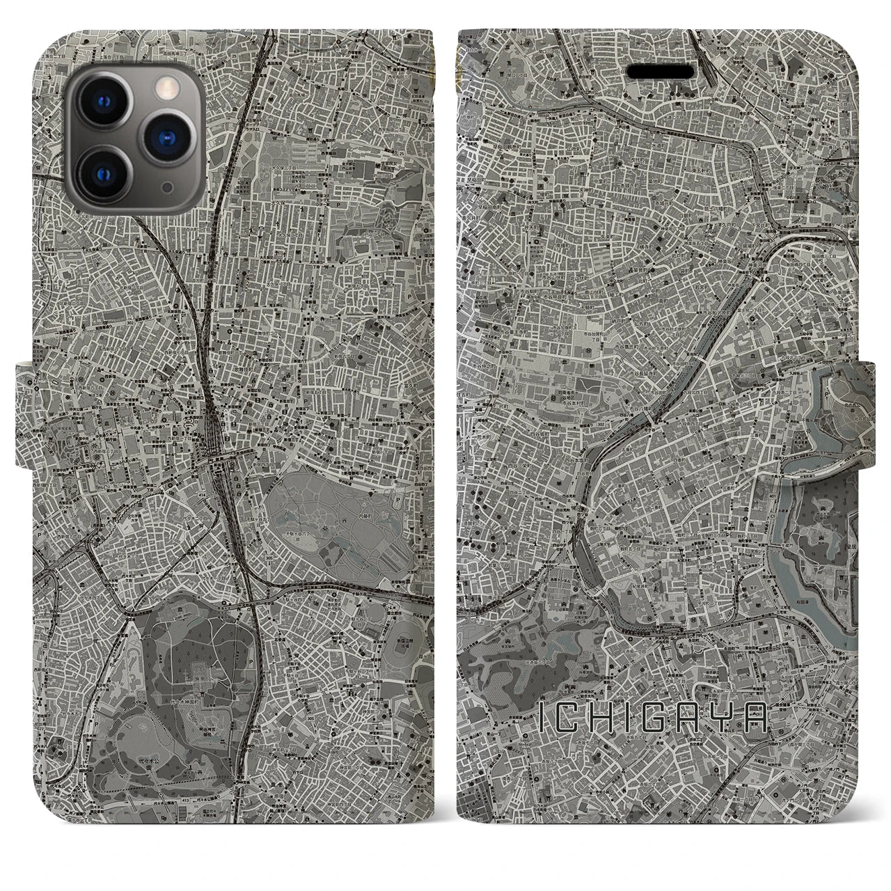 【市ケ谷(東京都)】地図柄iPhoneケース(手帳タイプ)モノトーン・iPhone 11 Pro Max 用