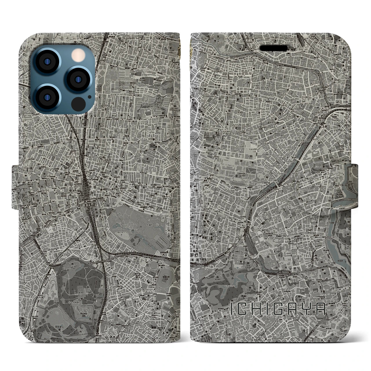 【市ケ谷(東京都)】地図柄iPhoneケース(手帳タイプ)モノトーン・iPhone 12 / 12 Pro 用