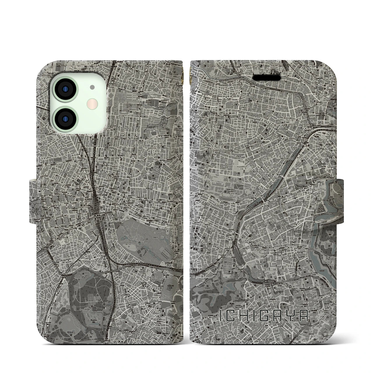 【市ケ谷(東京都)】地図柄iPhoneケース(手帳タイプ)モノトーン・iPhone 12 mini 用