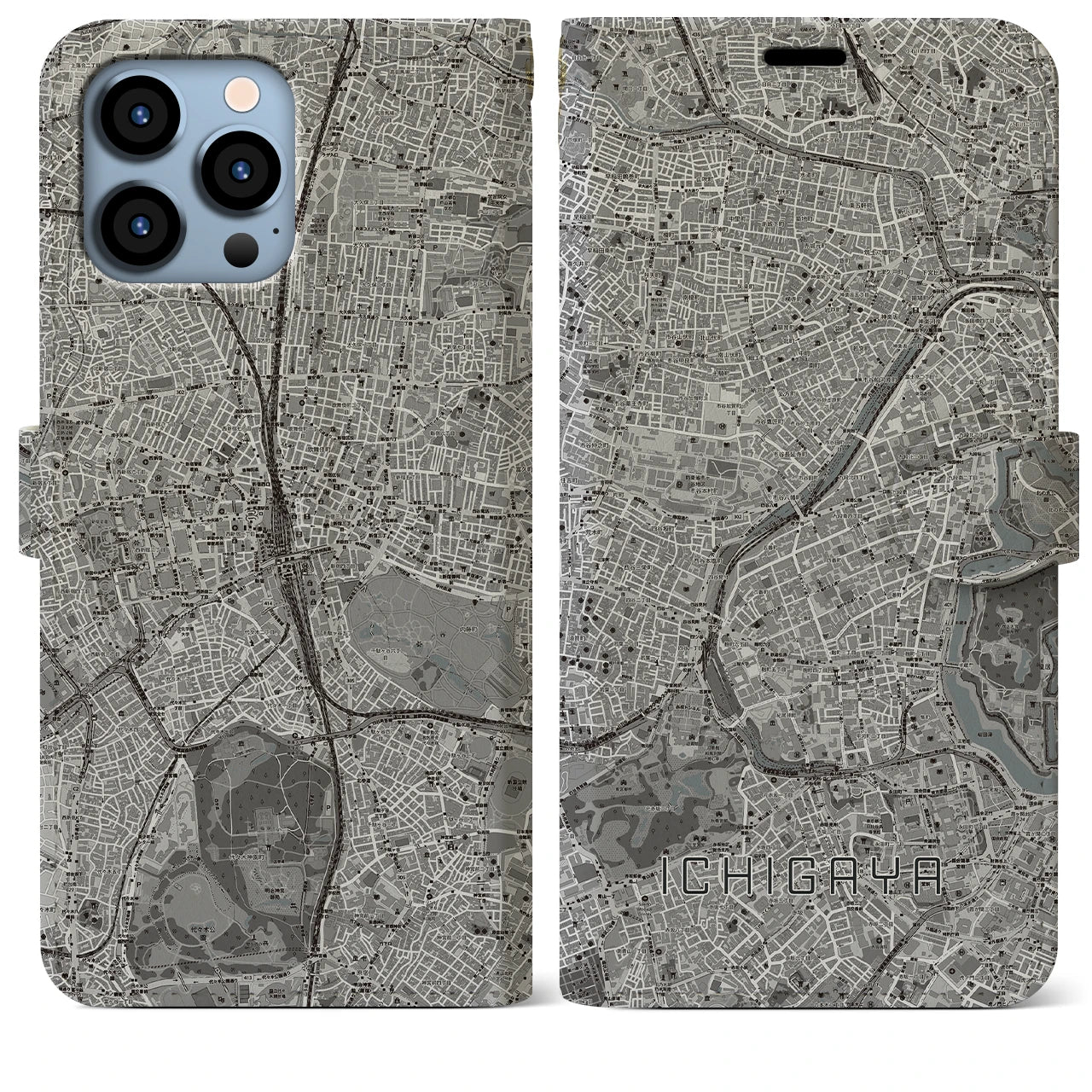 【市ケ谷(東京都)】地図柄iPhoneケース(手帳タイプ)モノトーン・iPhone 13 Pro Max 用
