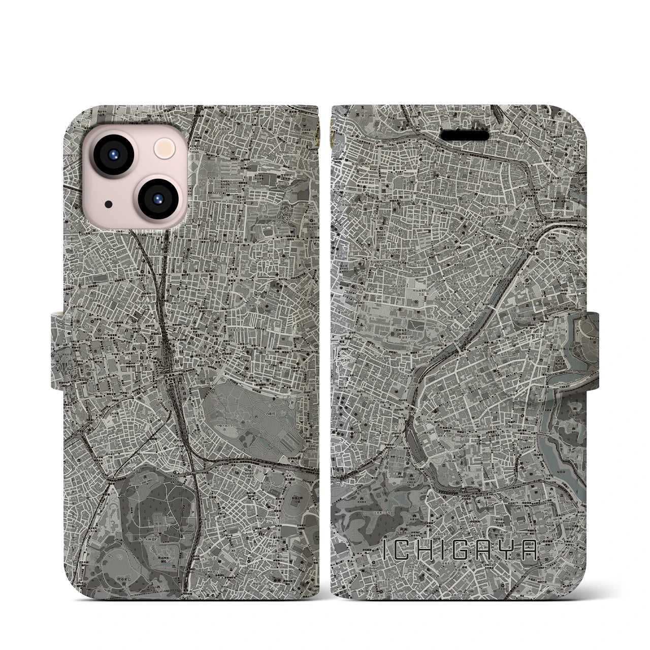 【市ケ谷(東京都)】地図柄iPhoneケース(手帳タイプ)モノトーン・iPhone 13 mini 用