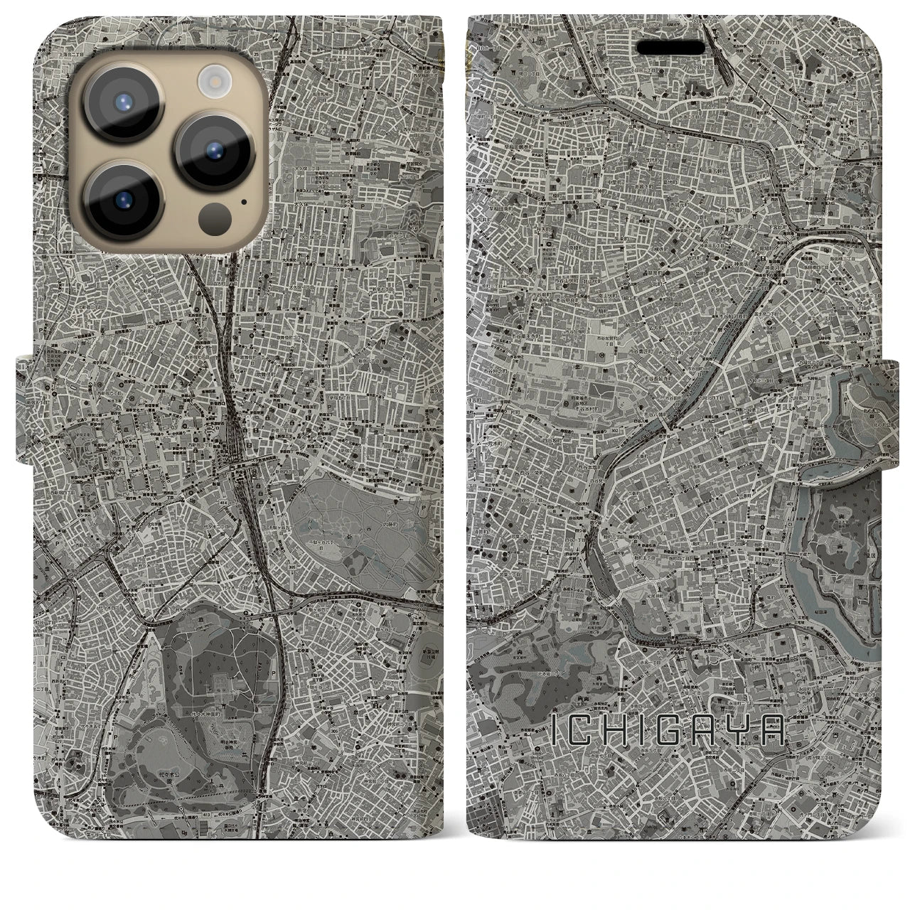 【市ケ谷(東京都)】地図柄iPhoneケース(手帳タイプ)モノトーン・iPhone 14 Pro Max 用