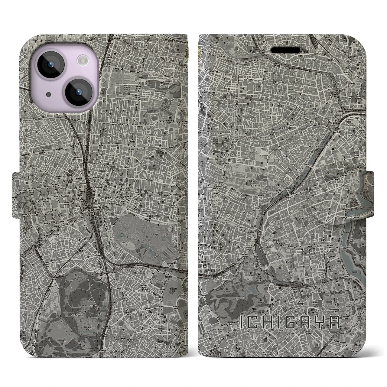 【市ケ谷(東京都)】地図柄iPhoneケース(手帳タイプ)モノトーン・iPhone 14 用