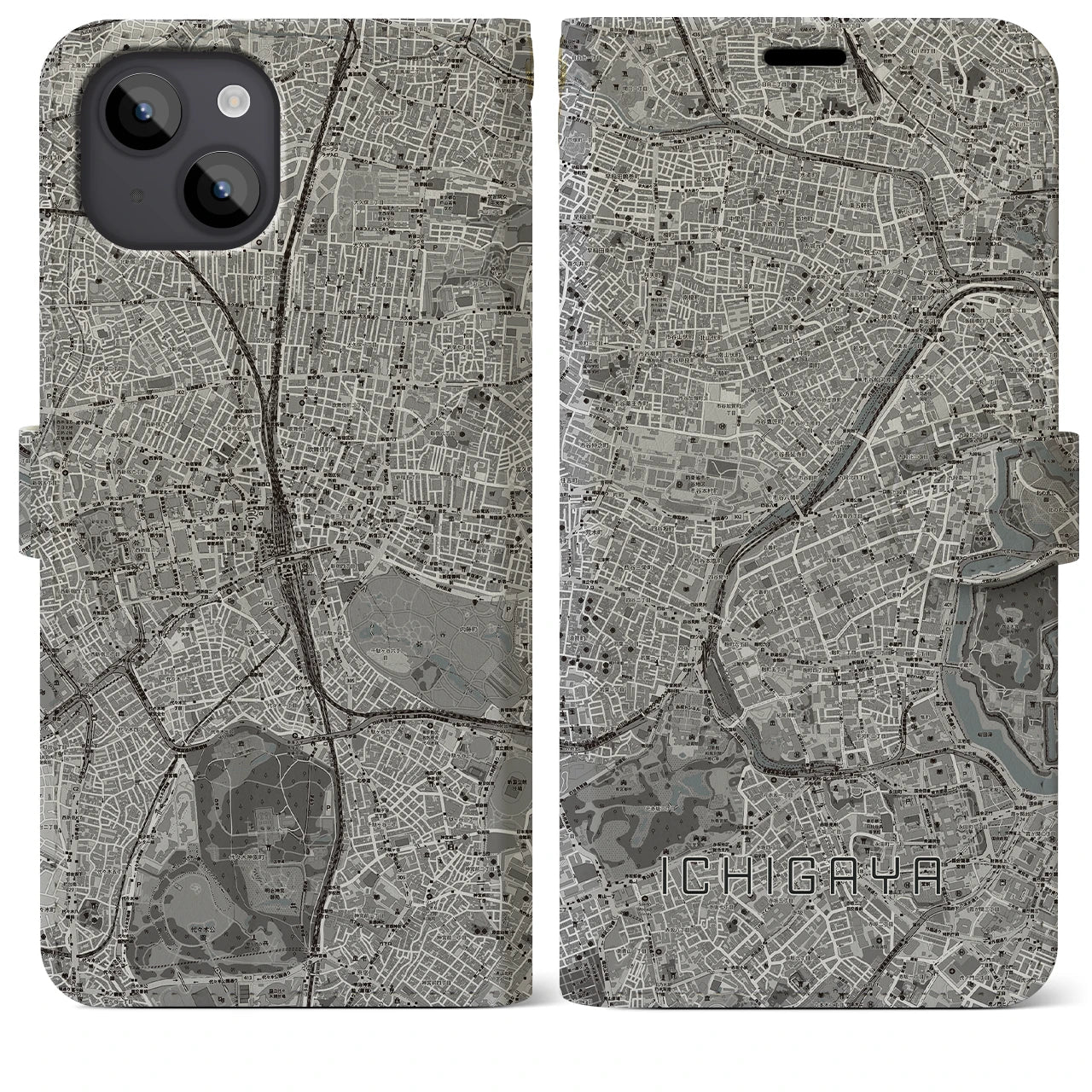 【市ケ谷(東京都)】地図柄iPhoneケース(手帳タイプ)モノトーン・iPhone 14 Plus 用