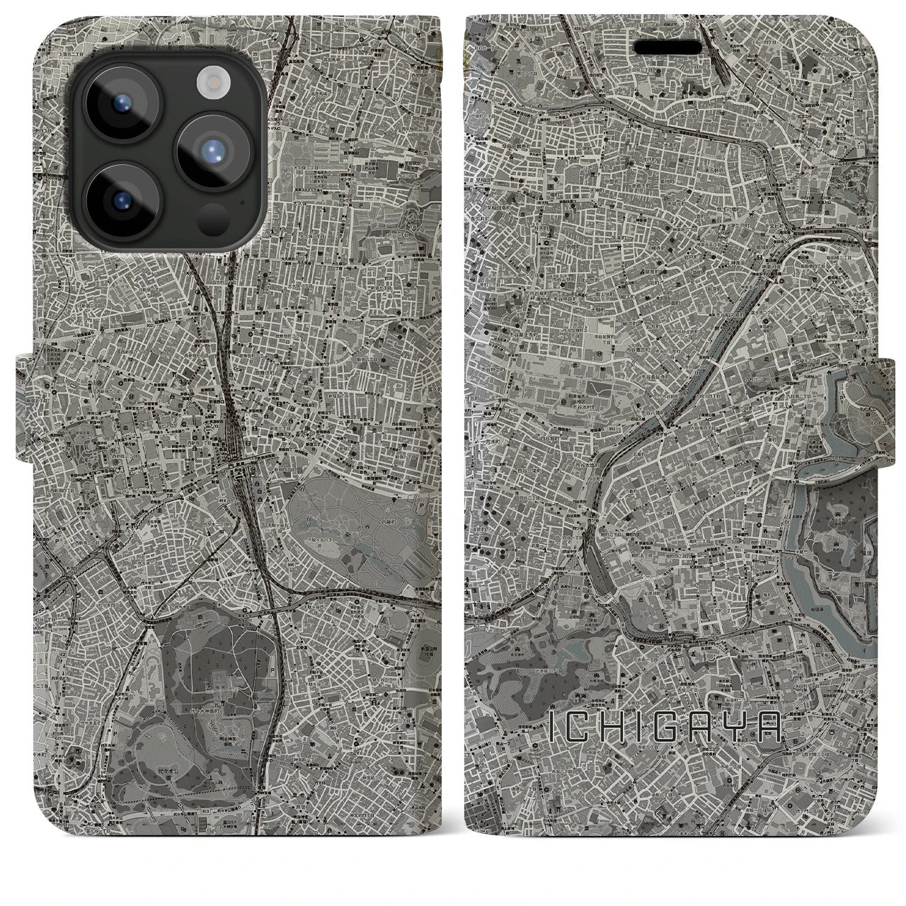 【市ケ谷(東京都)】地図柄iPhoneケース(手帳タイプ)モノトーン・iPhone 15 Pro Max 用