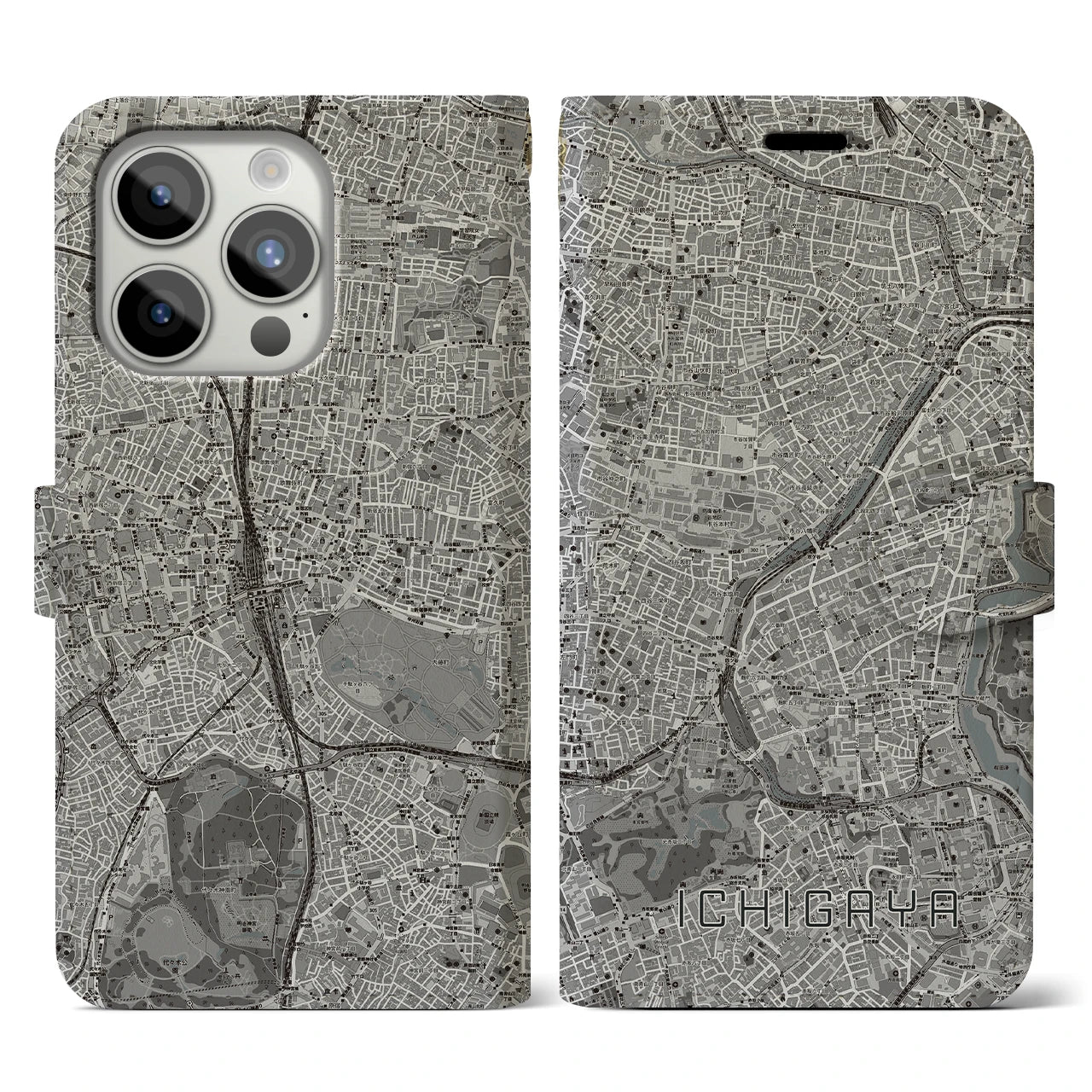 【市ケ谷(東京都)】地図柄iPhoneケース(手帳タイプ)モノトーン・iPhone 15 Pro 用