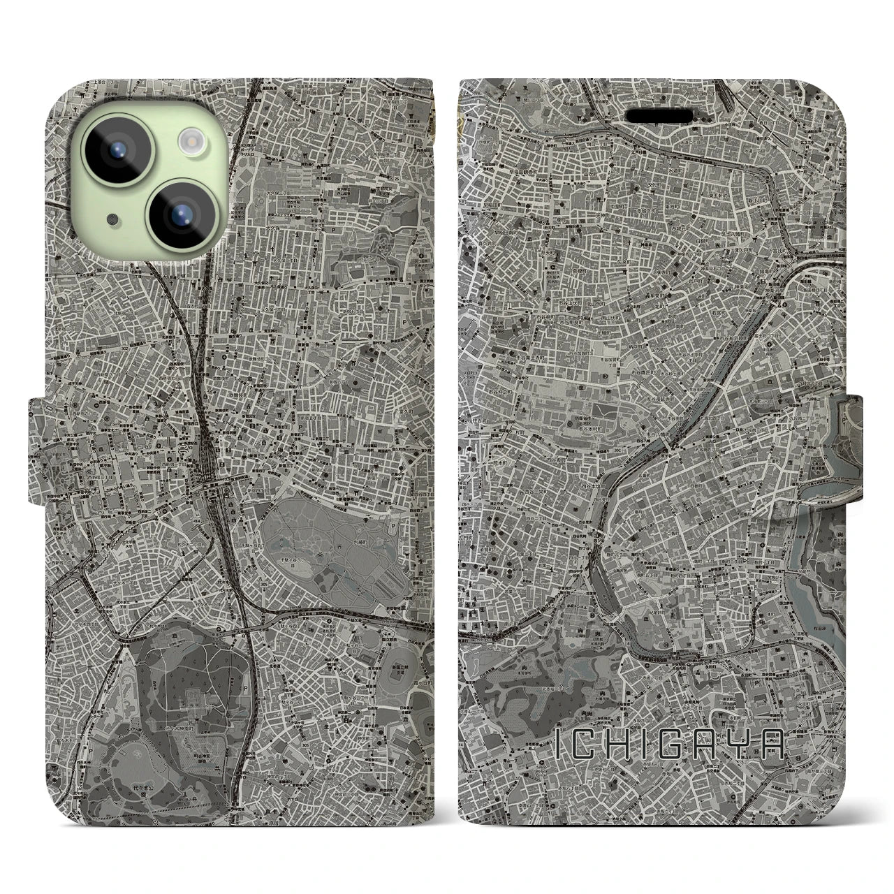 【市ケ谷(東京都)】地図柄iPhoneケース(手帳タイプ)モノトーン・iPhone 15 用
