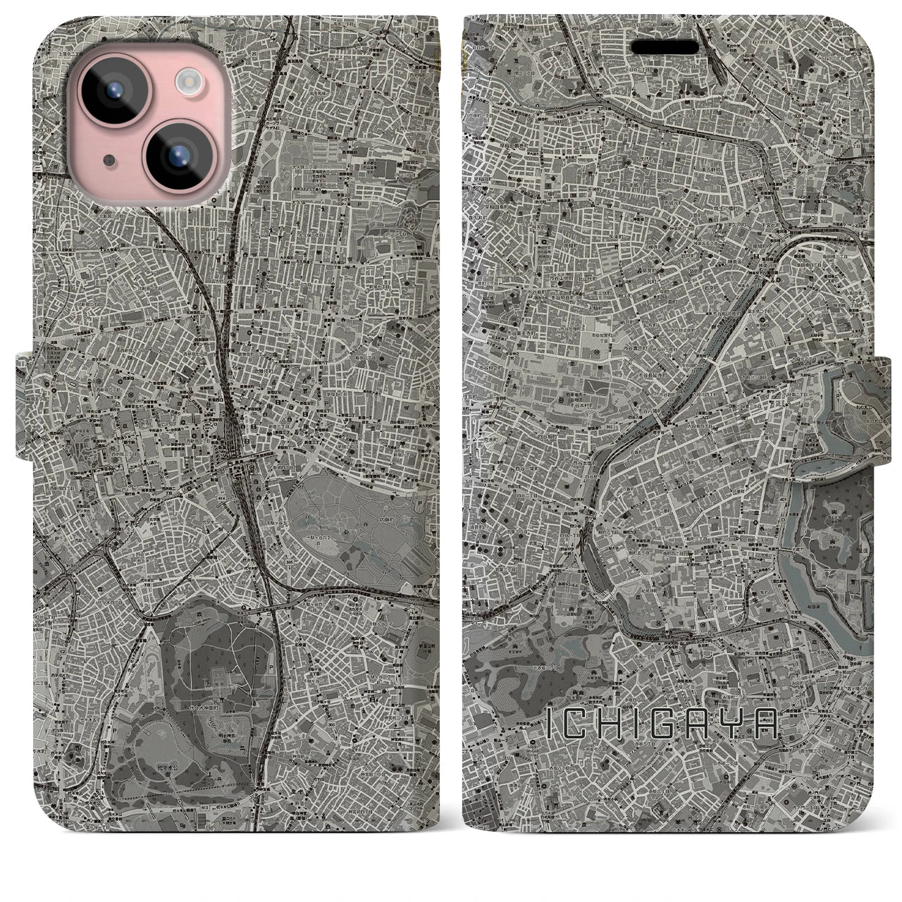【市ケ谷(東京都)】地図柄iPhoneケース(手帳タイプ)モノトーン・iPhone 15 Plus 用