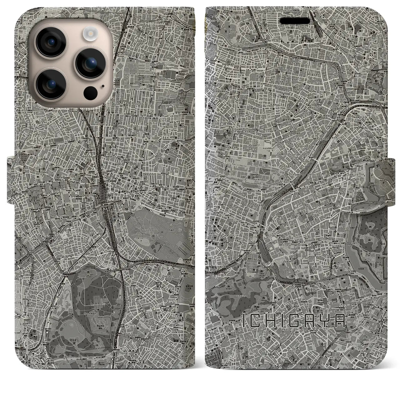 【市ケ谷(東京都)】地図柄iPhoneケース(手帳タイプ)モノトーン・iPhone 16 Plus 用