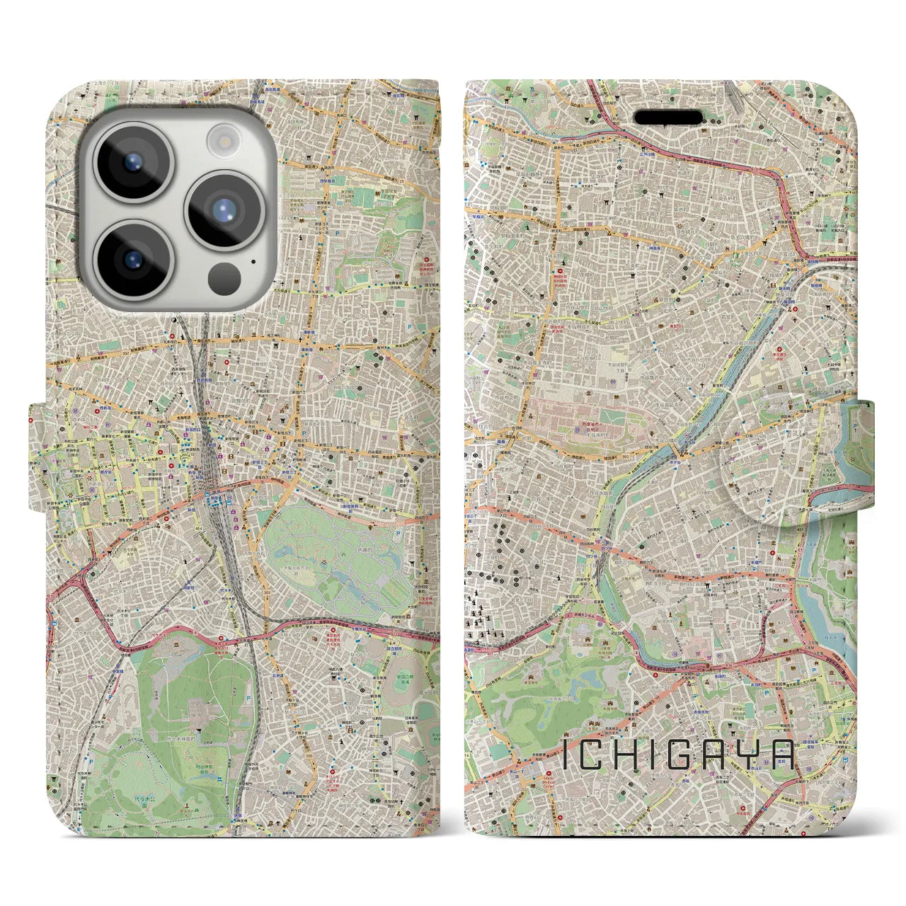 【市ケ谷(東京都)】地図柄iPhoneケース(手帳タイプ)ナチュラル・iPhone 15 Pro 用