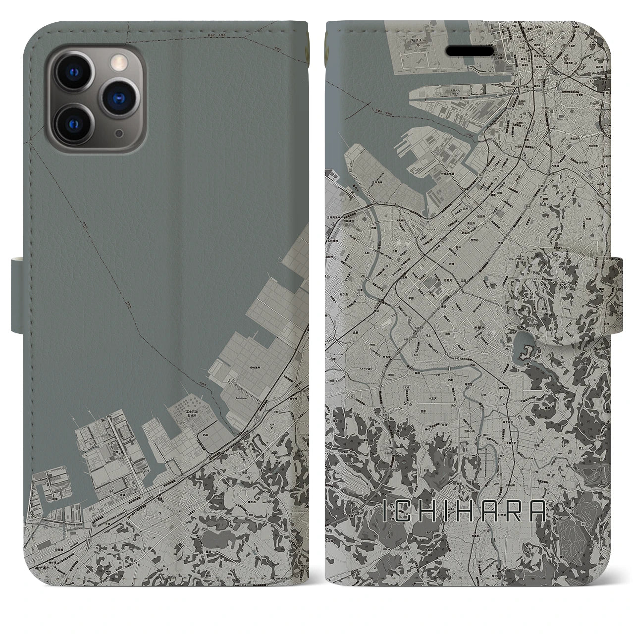【市原(千葉県)】地図柄iPhoneケース(手帳タイプ)モノトーン・iPhone 11 Pro Max 用