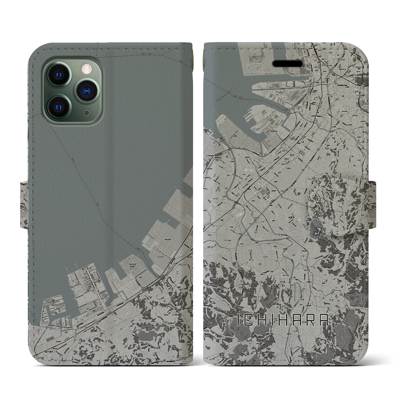 【市原(千葉県)】地図柄iPhoneケース(手帳タイプ)モノトーン・iPhone 11 Pro 用
