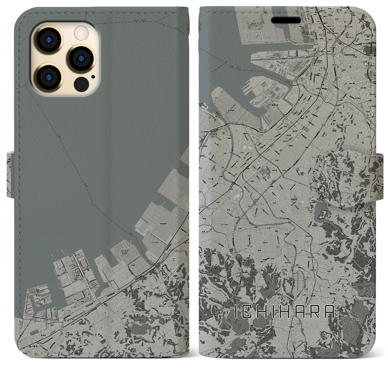 【市原(千葉県)】地図柄iPhoneケース(手帳タイプ)モノトーン・iPhone 12 Pro Max 用