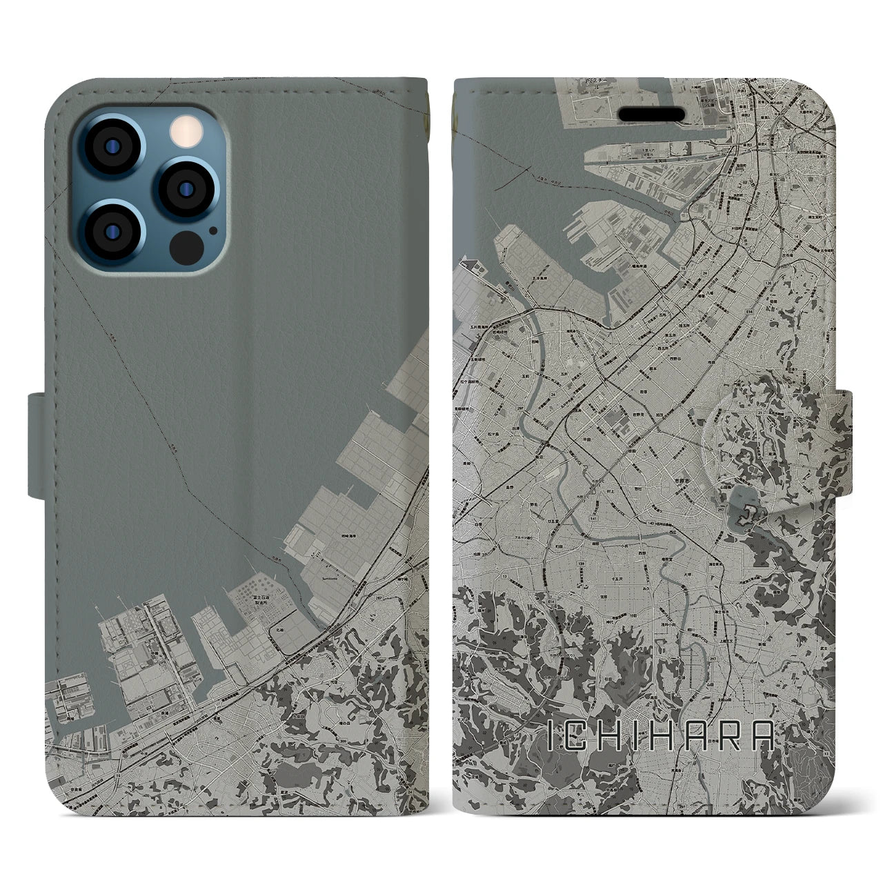 【市原(千葉県)】地図柄iPhoneケース(手帳タイプ)モノトーン・iPhone 12 / 12 Pro 用