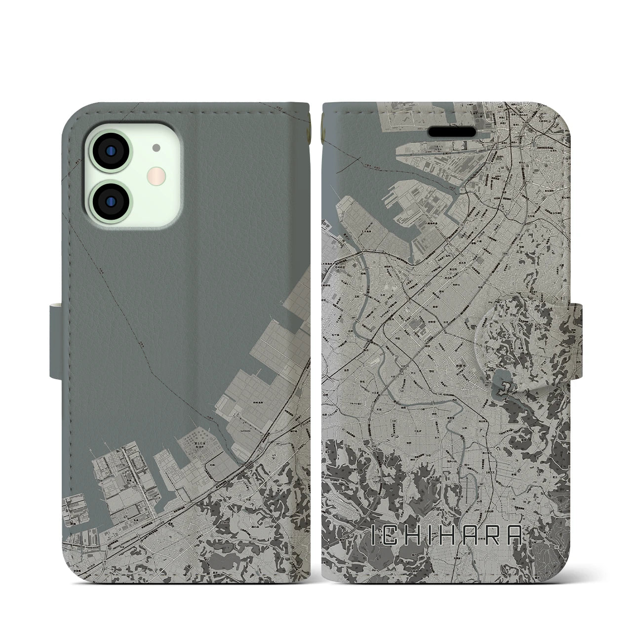 【市原(千葉県)】地図柄iPhoneケース(手帳タイプ)モノトーン・iPhone 12 mini 用