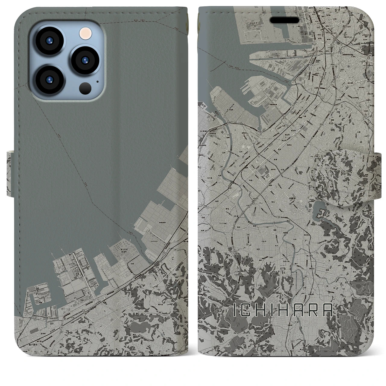 【市原(千葉県)】地図柄iPhoneケース(手帳タイプ)モノトーン・iPhone 13 Pro Max 用
