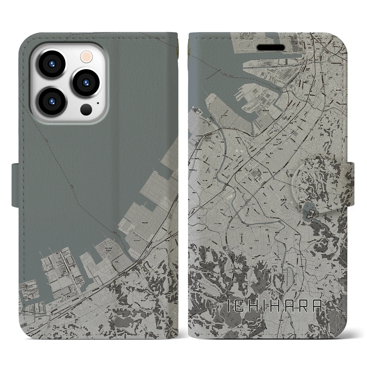 【市原(千葉県)】地図柄iPhoneケース(手帳タイプ)モノトーン・iPhone 13 Pro 用