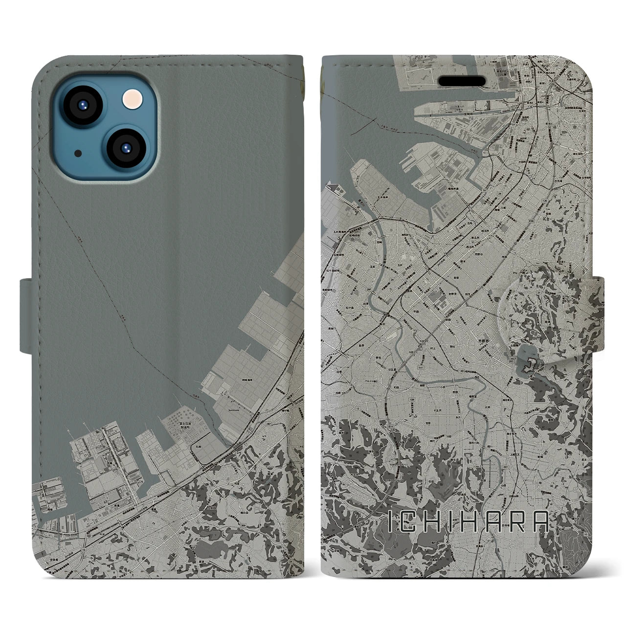 【市原(千葉県)】地図柄iPhoneケース(手帳タイプ)モノトーン・iPhone 13 用