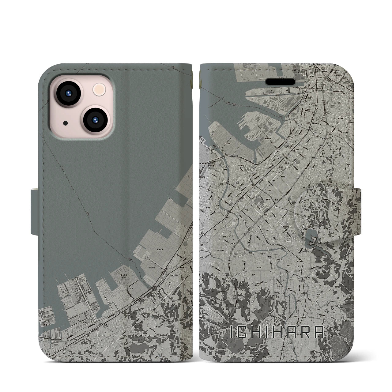 【市原(千葉県)】地図柄iPhoneケース(手帳タイプ)モノトーン・iPhone 13 mini 用