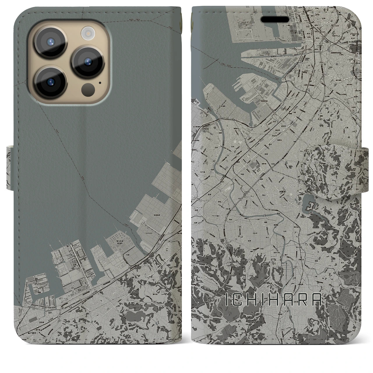 【市原(千葉県)】地図柄iPhoneケース(手帳タイプ)モノトーン・iPhone 14 Pro Max 用