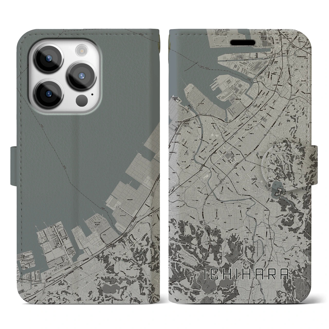 【市原(千葉県)】地図柄iPhoneケース(手帳タイプ)モノトーン・iPhone 14 Pro 用