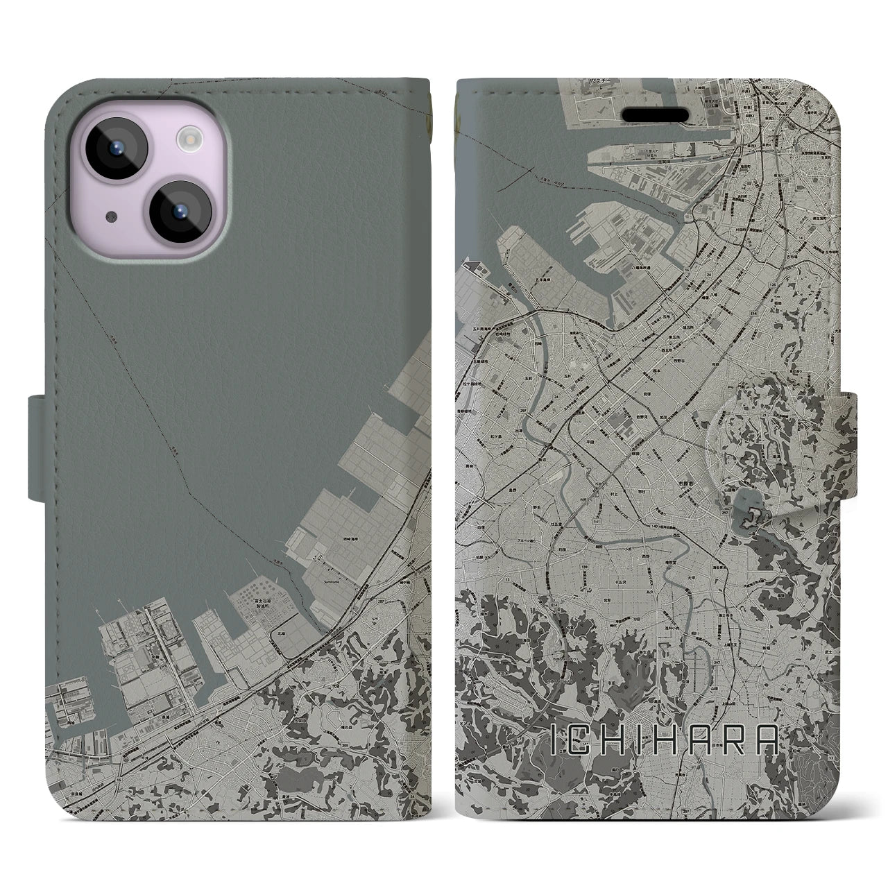 【市原(千葉県)】地図柄iPhoneケース(手帳タイプ)モノトーン・iPhone 14 用