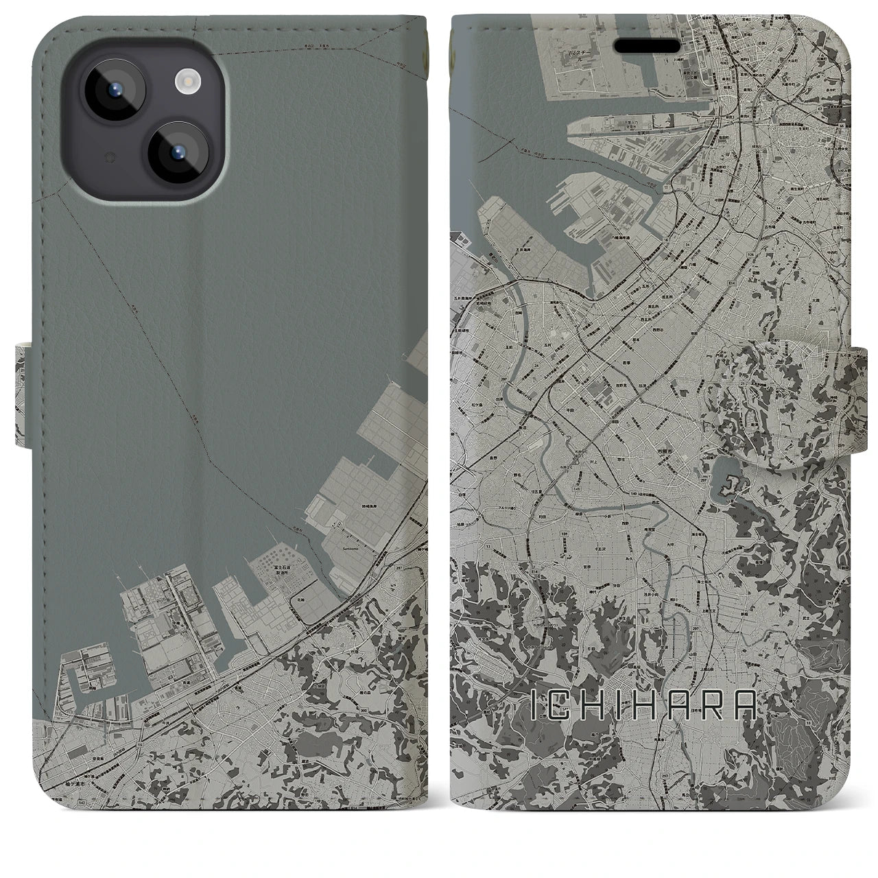 【市原(千葉県)】地図柄iPhoneケース(手帳タイプ)モノトーン・iPhone 14 Plus 用