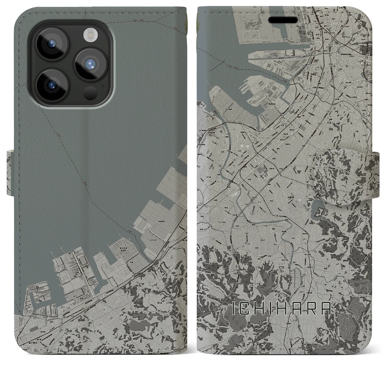 【市原(千葉県)】地図柄iPhoneケース(手帳タイプ)モノトーン・iPhone 15 Pro Max 用