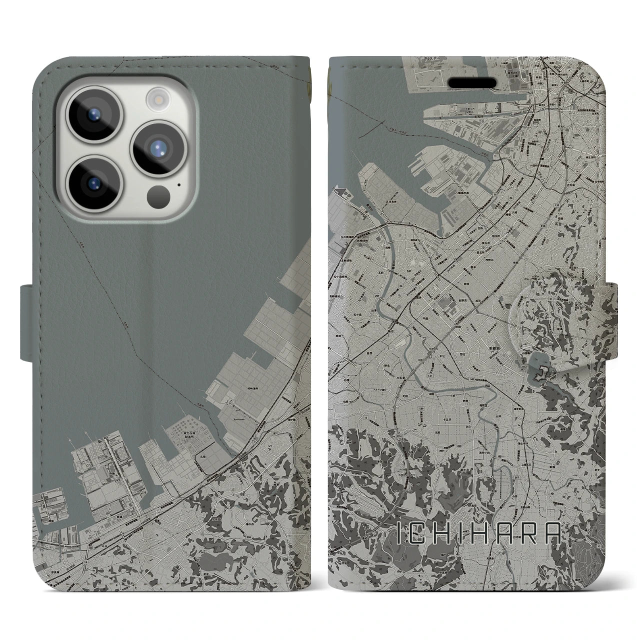 【市原(千葉県)】地図柄iPhoneケース(手帳タイプ)モノトーン・iPhone 15 Pro 用