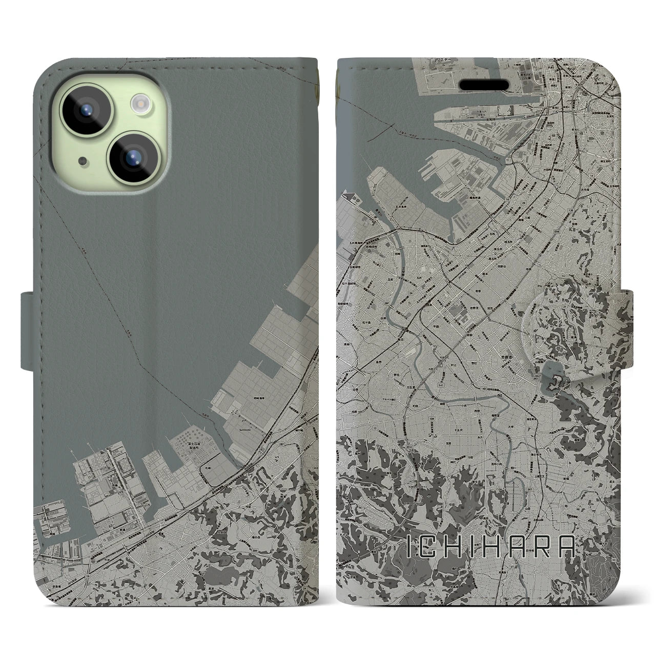 【市原(千葉県)】地図柄iPhoneケース(手帳タイプ)モノトーン・iPhone 15 用