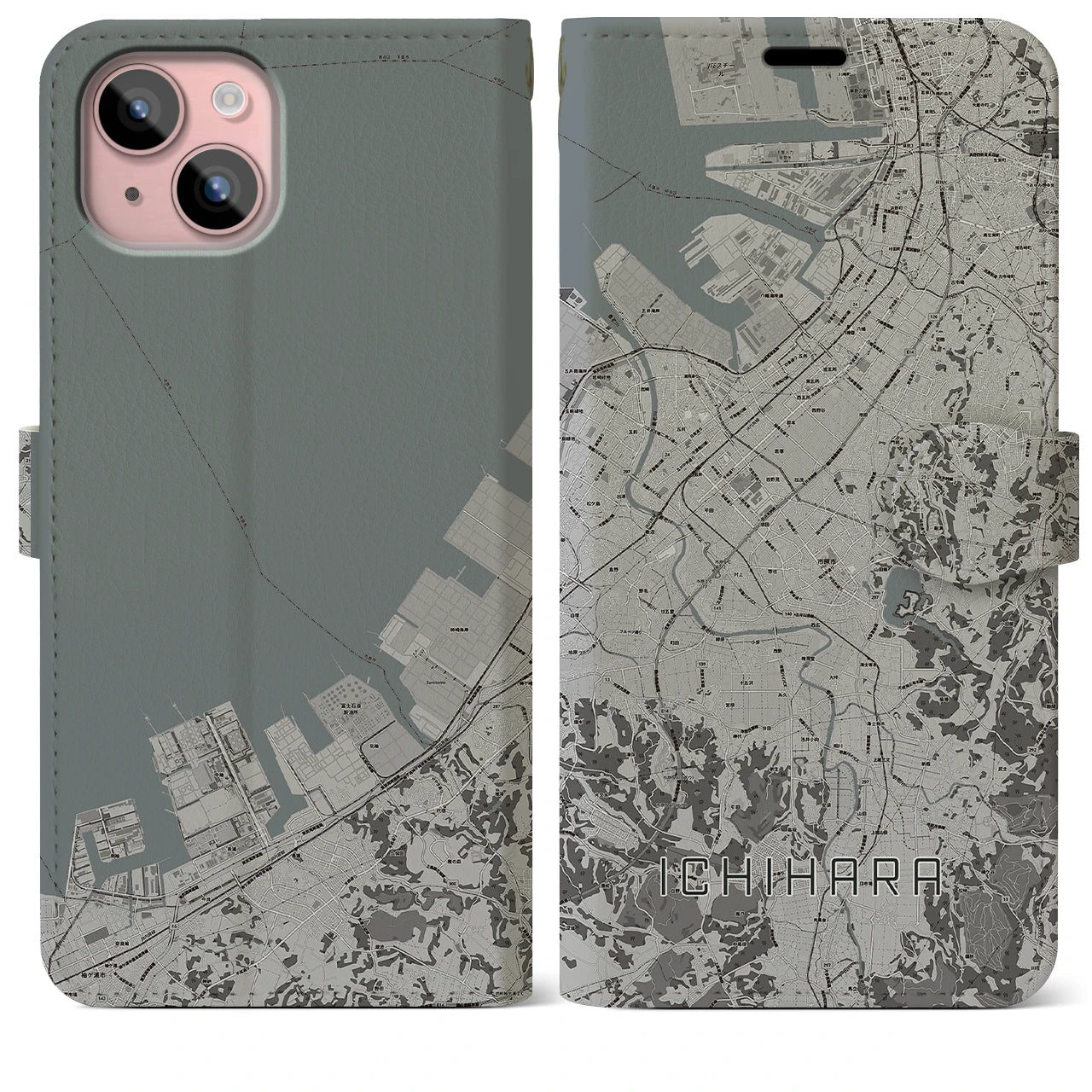 【市原(千葉県)】地図柄iPhoneケース(手帳タイプ)モノトーン・iPhone 15 Plus 用