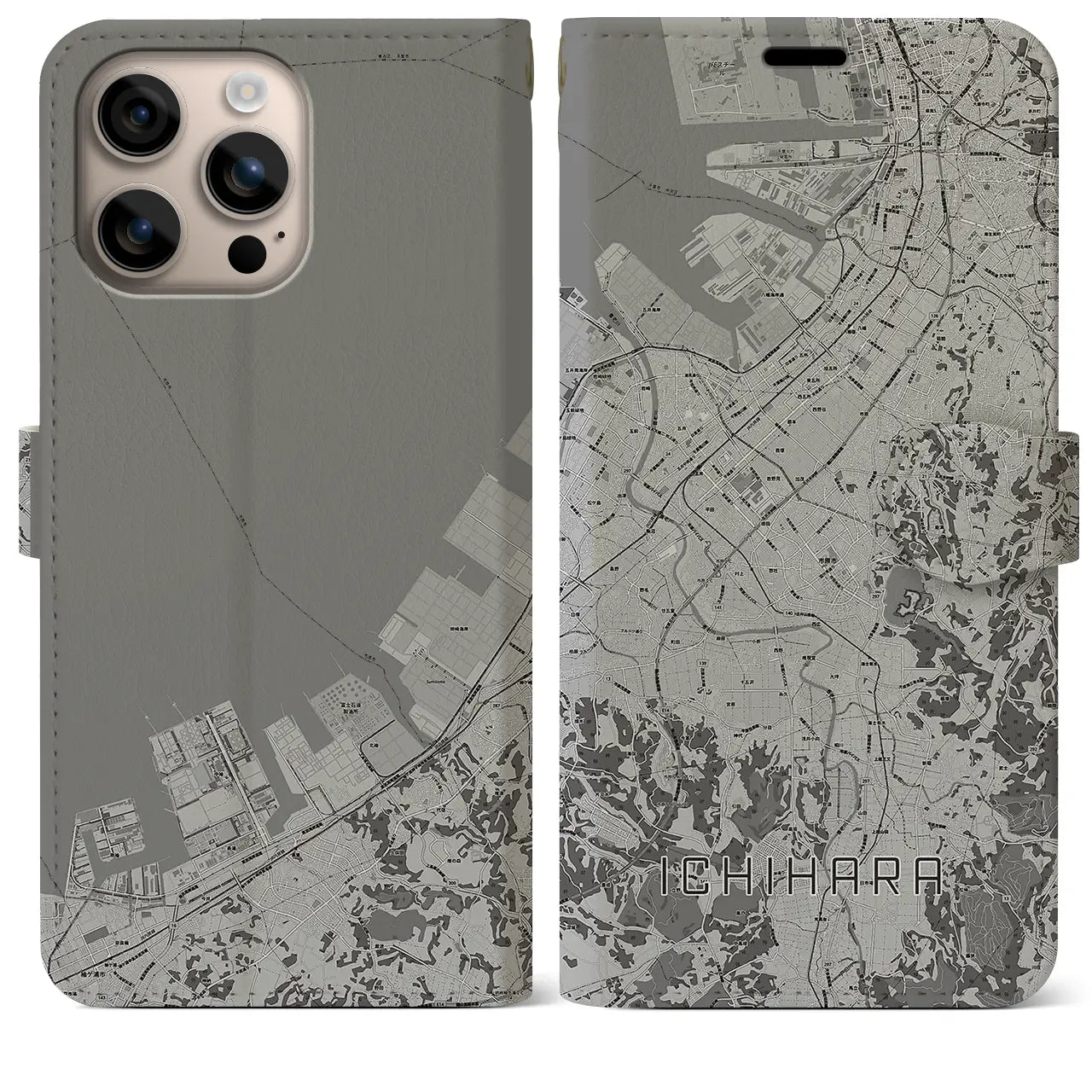 【市原(千葉県)】地図柄iPhoneケース(手帳タイプ)モノトーン・iPhone 16 Plus 用