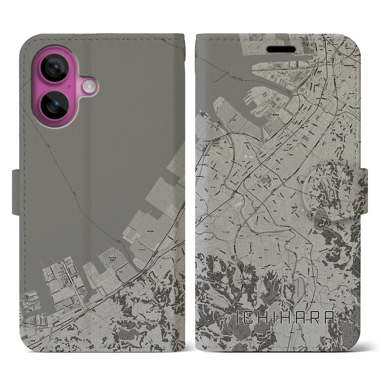 【市原(千葉県)】地図柄iPhoneケース(手帳タイプ)モノトーン・iPhone 16 Pro 用