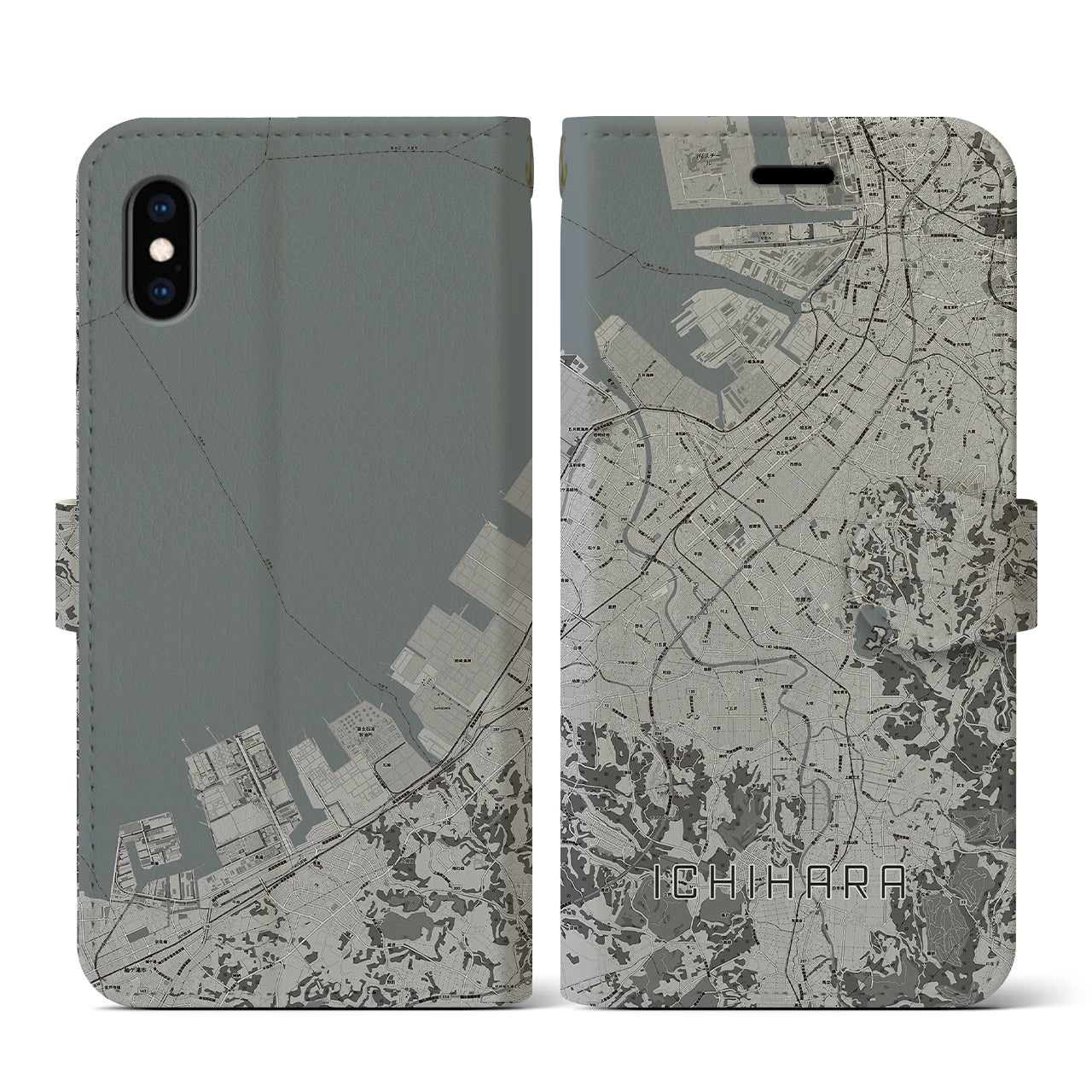 【市原(千葉県)】地図柄iPhoneケース(手帳タイプ)モノトーン・iPhone XS / X 用