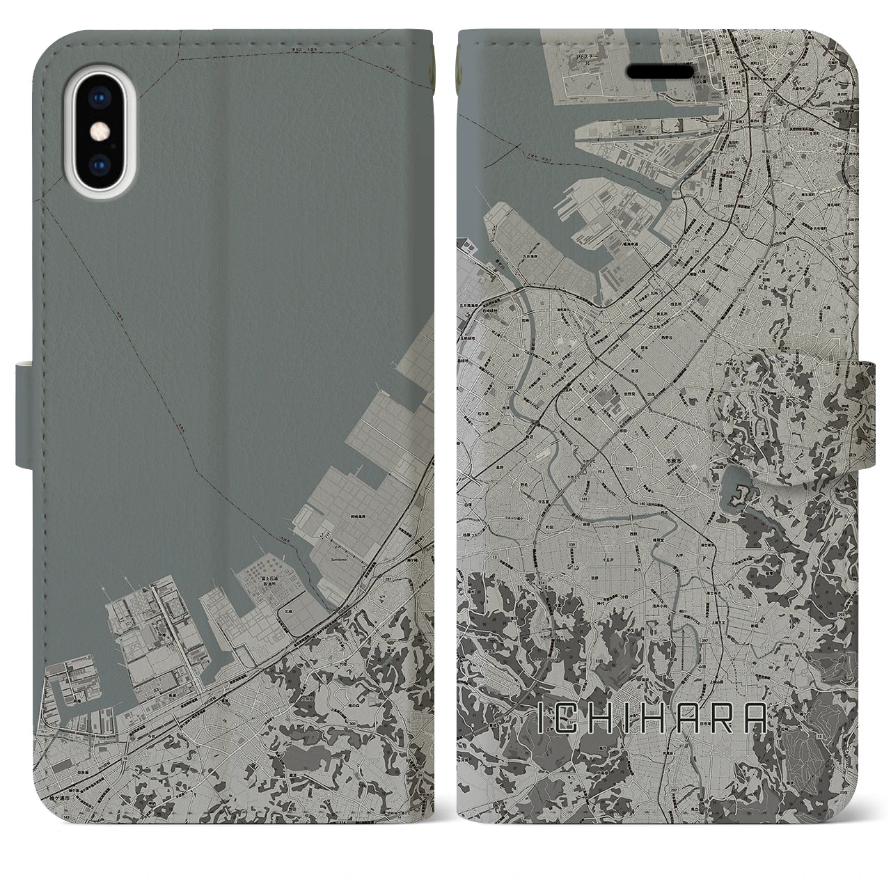 【市原(千葉県)】地図柄iPhoneケース(手帳タイプ)モノトーン・iPhone XS Max 用