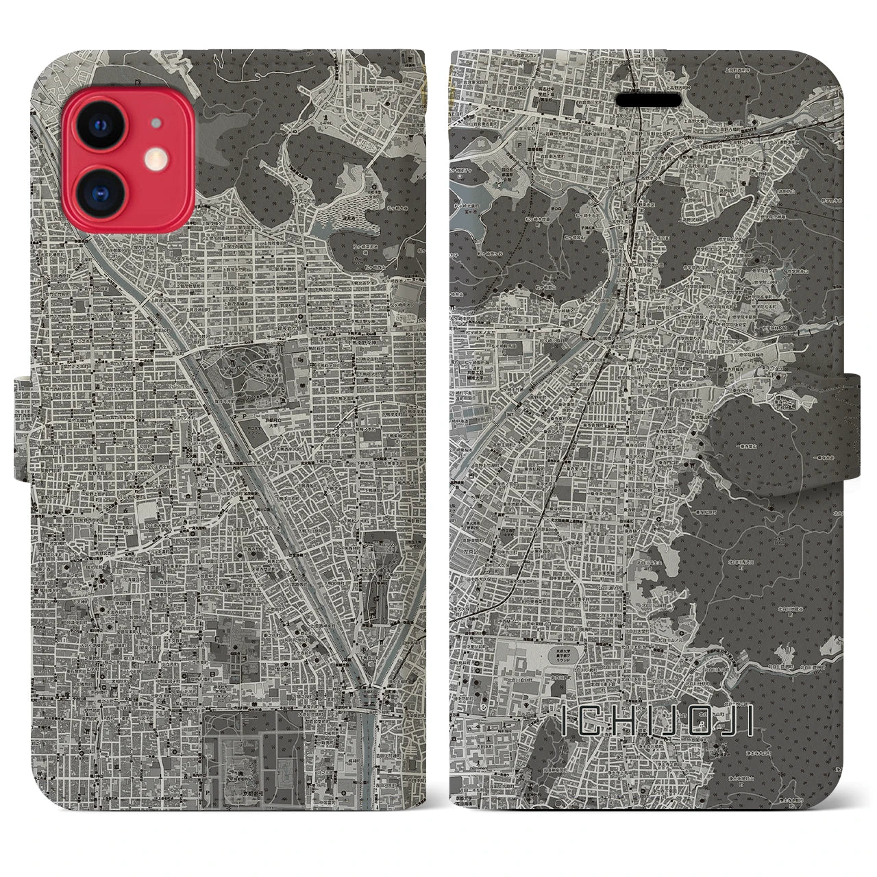 【一乗寺(京都府)】地図柄iPhoneケース(手帳タイプ)モノトーン・iPhone 11 用