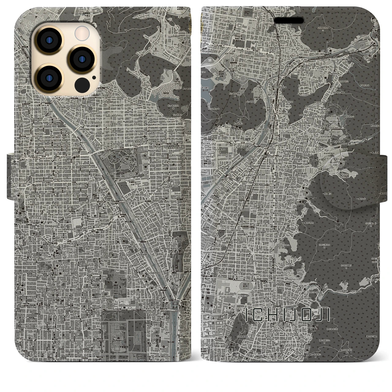 【一乗寺(京都府)】地図柄iPhoneケース(手帳タイプ)モノトーン・iPhone 12 Pro Max 用