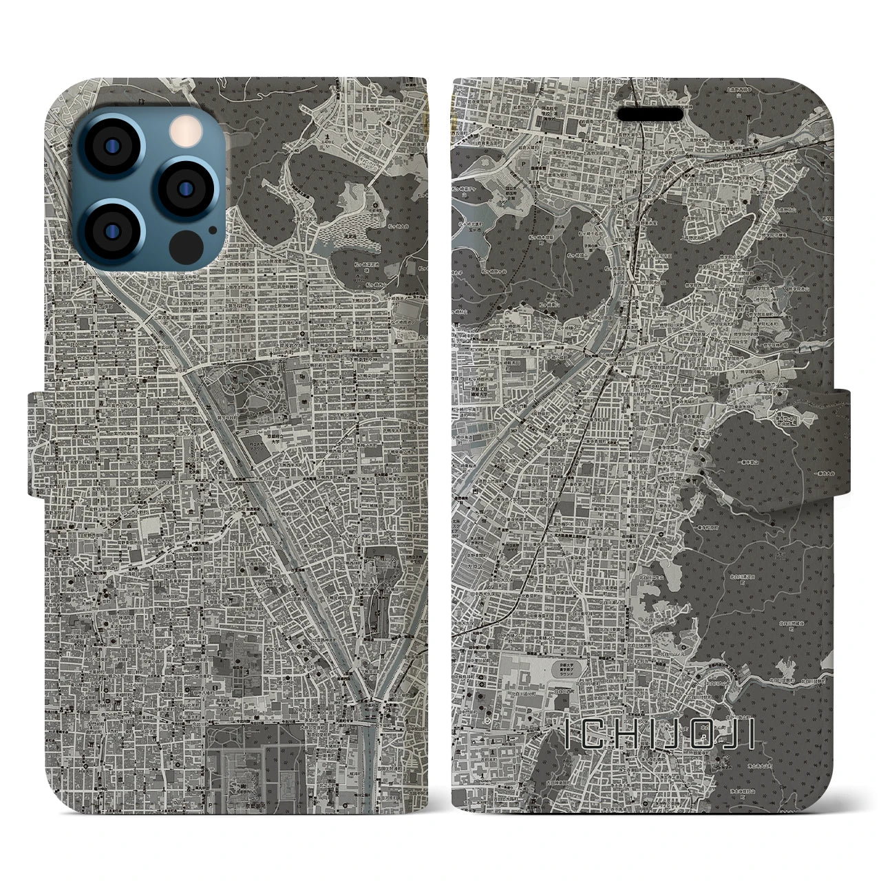 【一乗寺(京都府)】地図柄iPhoneケース(手帳タイプ)モノトーン・iPhone 12 / 12 Pro 用
