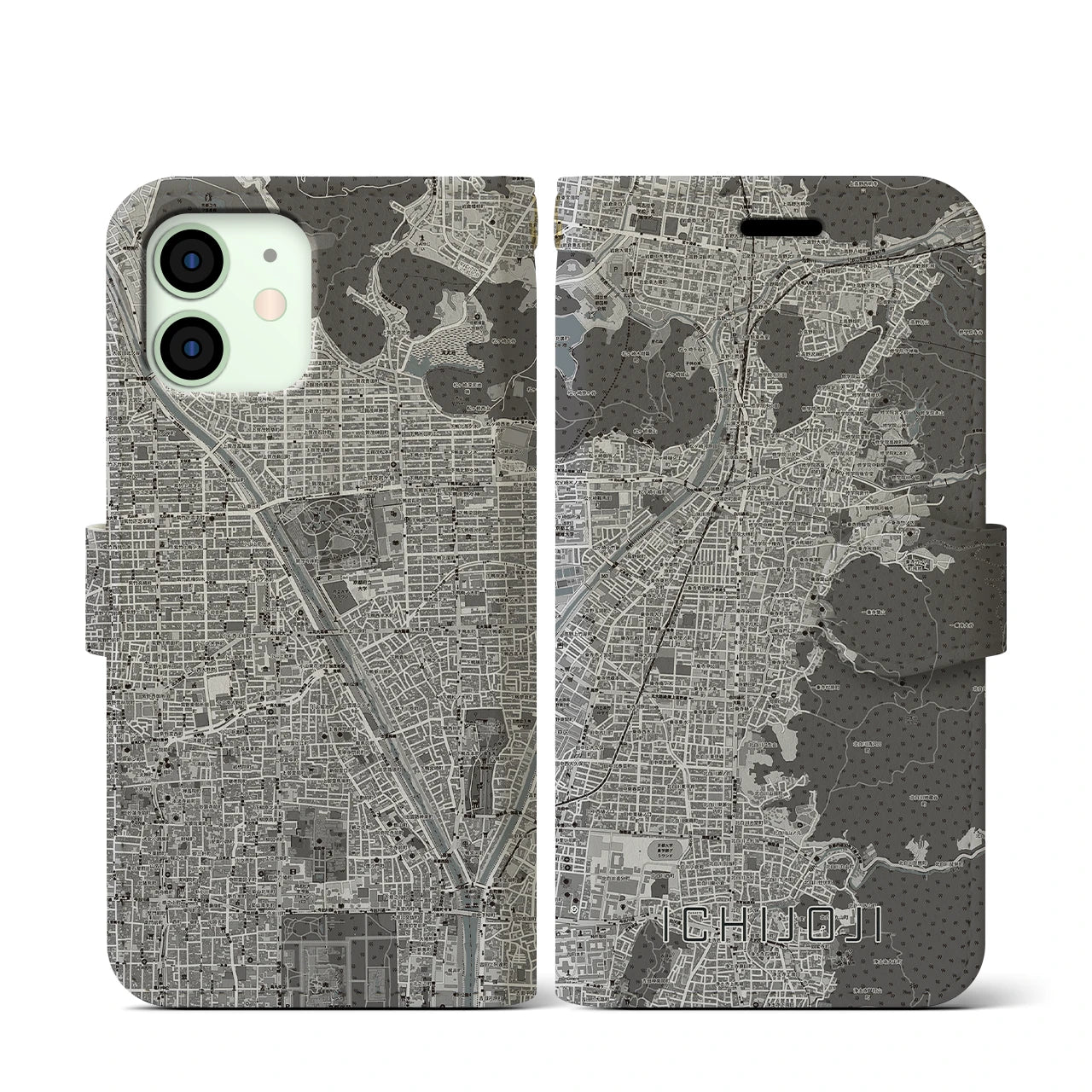 【一乗寺(京都府)】地図柄iPhoneケース(手帳タイプ)モノトーン・iPhone 12 mini 用