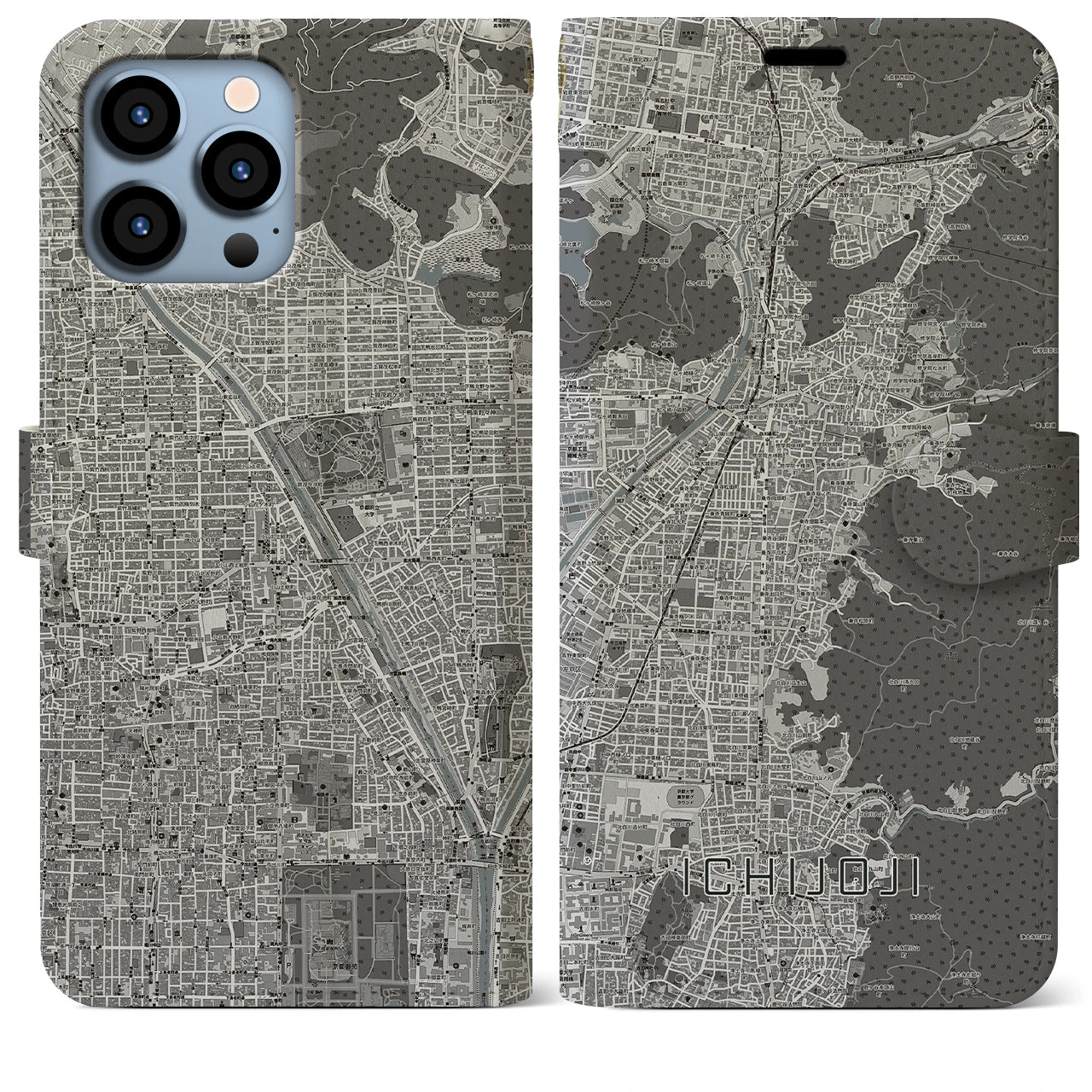 【一乗寺(京都府)】地図柄iPhoneケース(手帳タイプ)モノトーン・iPhone 13 Pro Max 用