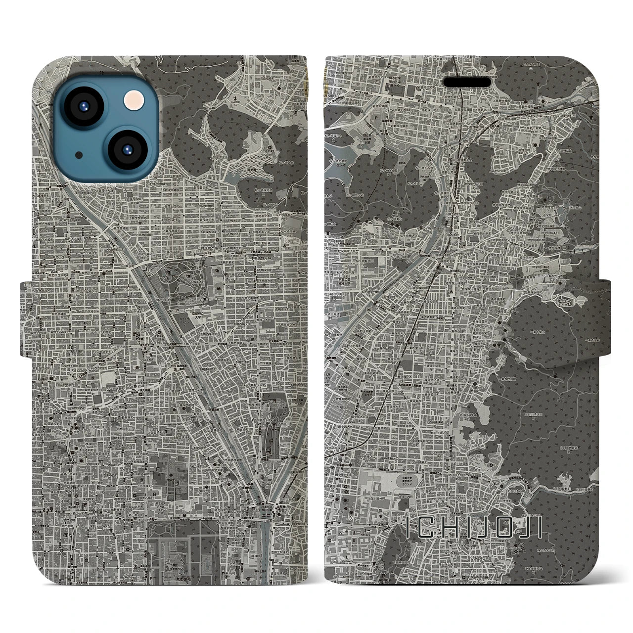 【一乗寺(京都府)】地図柄iPhoneケース(手帳タイプ)モノトーン・iPhone 13 用