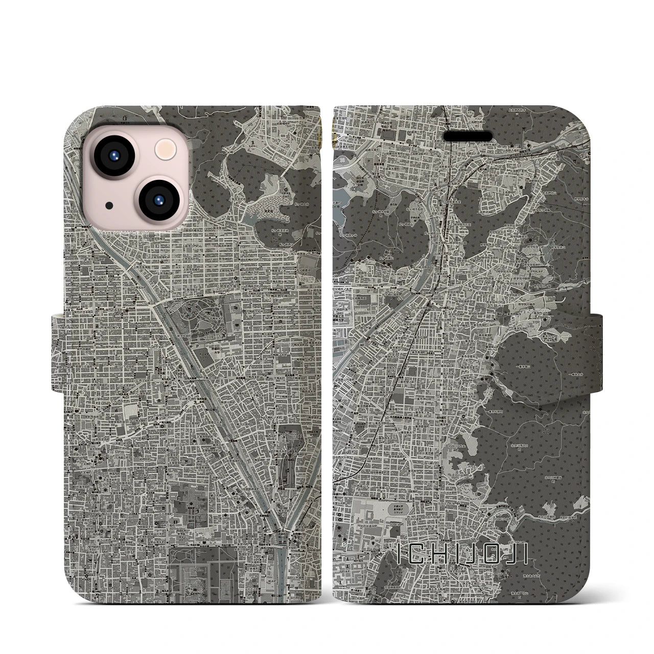 【一乗寺(京都府)】地図柄iPhoneケース(手帳タイプ)モノトーン・iPhone 13 mini 用
