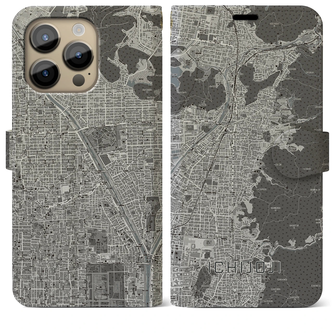 【一乗寺(京都府)】地図柄iPhoneケース(手帳タイプ)モノトーン・iPhone 14 Pro Max 用