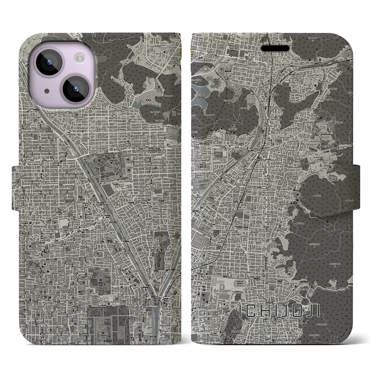 【一乗寺(京都府)】地図柄iPhoneケース(手帳タイプ)モノトーン・iPhone 14 用