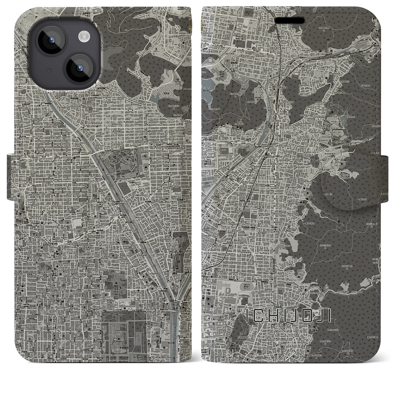【一乗寺(京都府)】地図柄iPhoneケース(手帳タイプ)モノトーン・iPhone 14 Plus 用