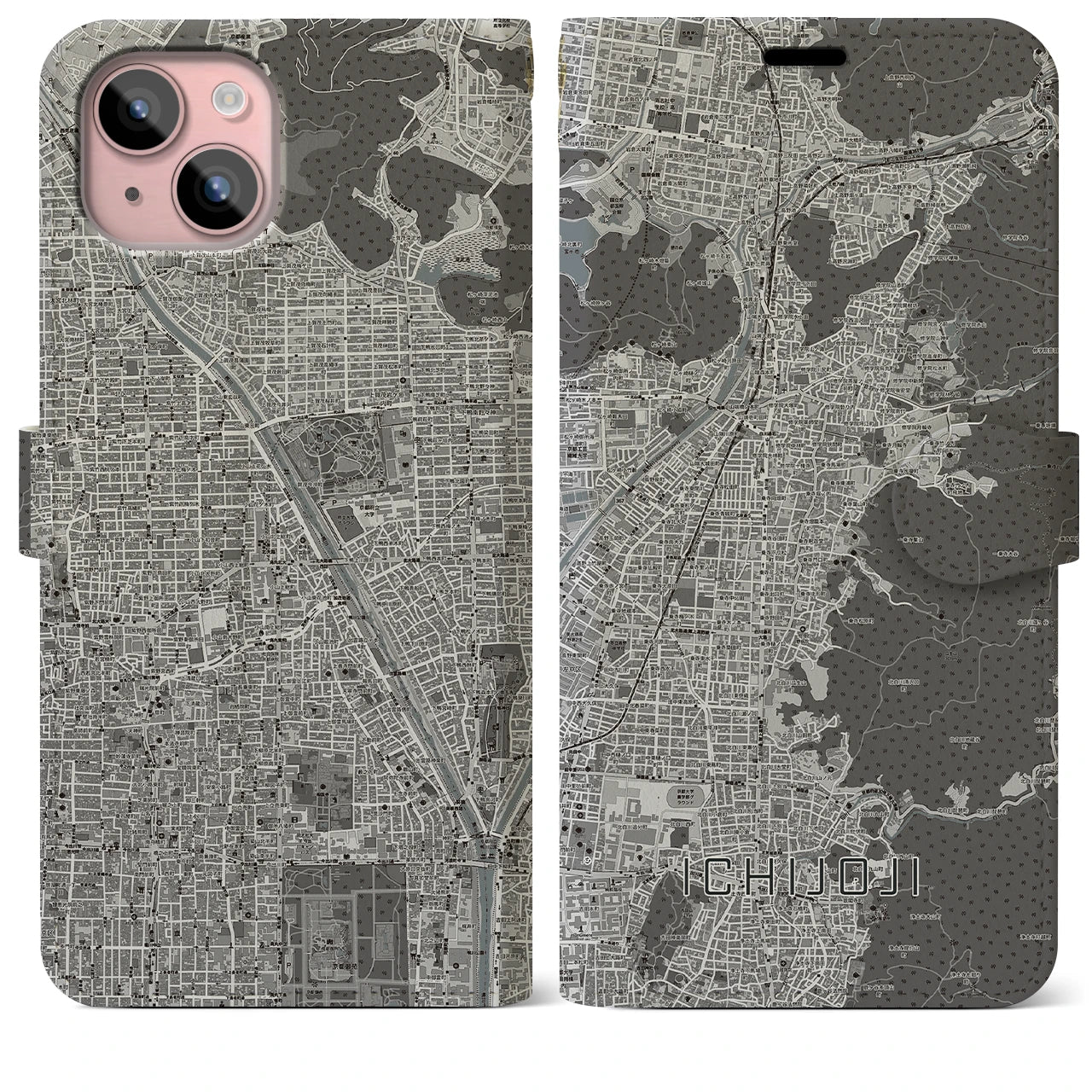 【一乗寺(京都府)】地図柄iPhoneケース(手帳タイプ)モノトーン・iPhone 15 Plus 用